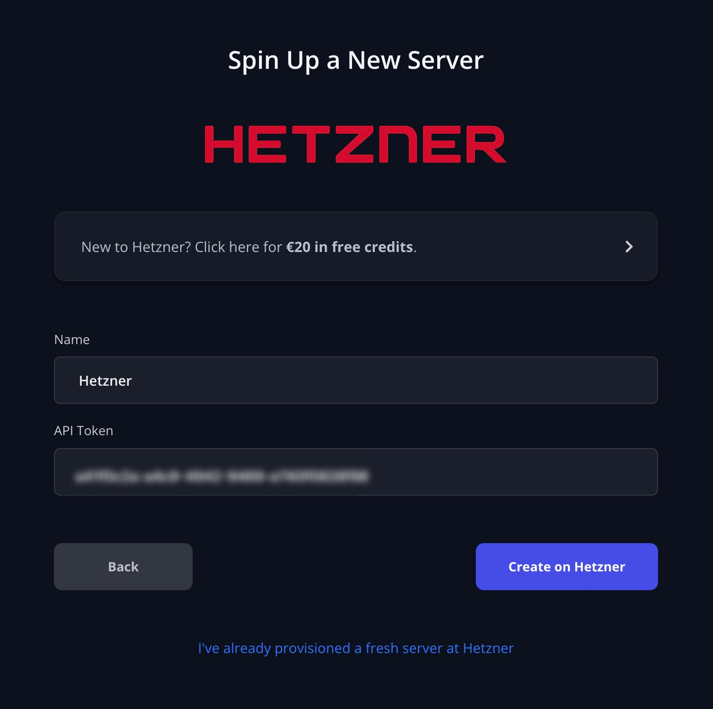 Create a new hetzner server