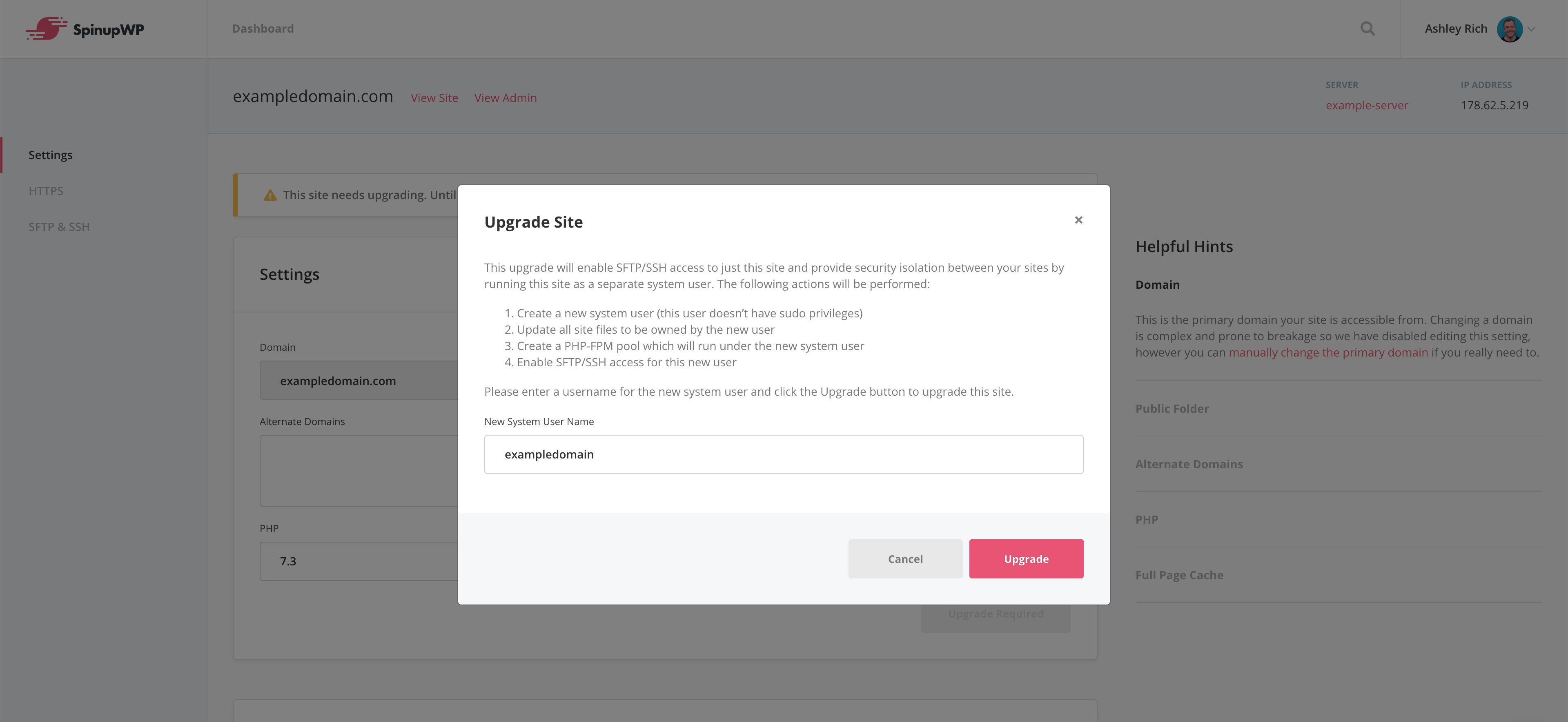 Site upgrade modal