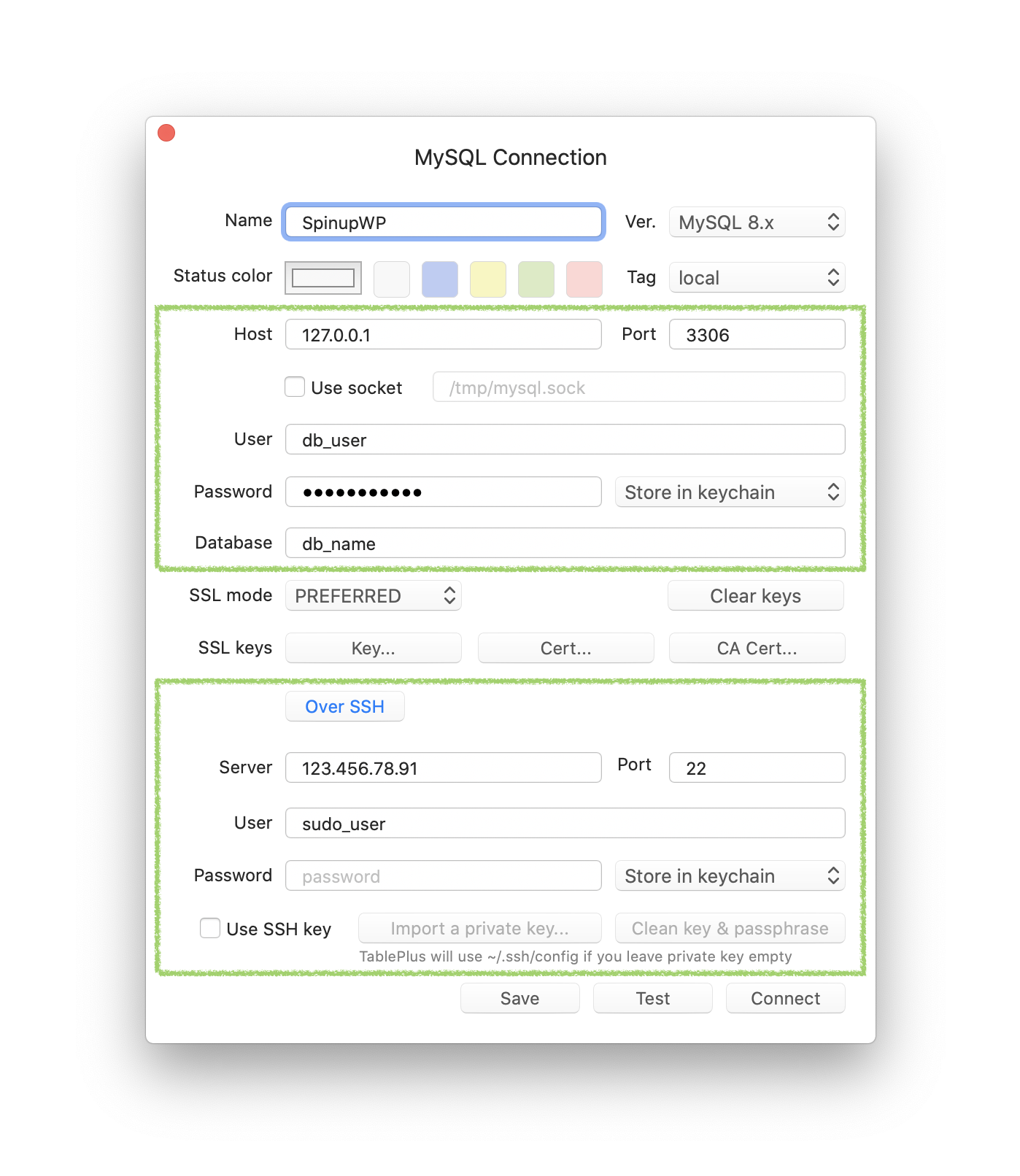 TablePlus connection settings