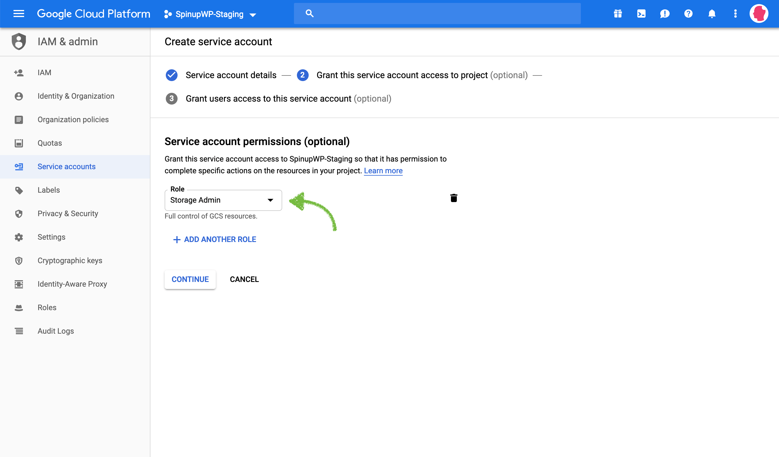 Google Cloud Storage select role