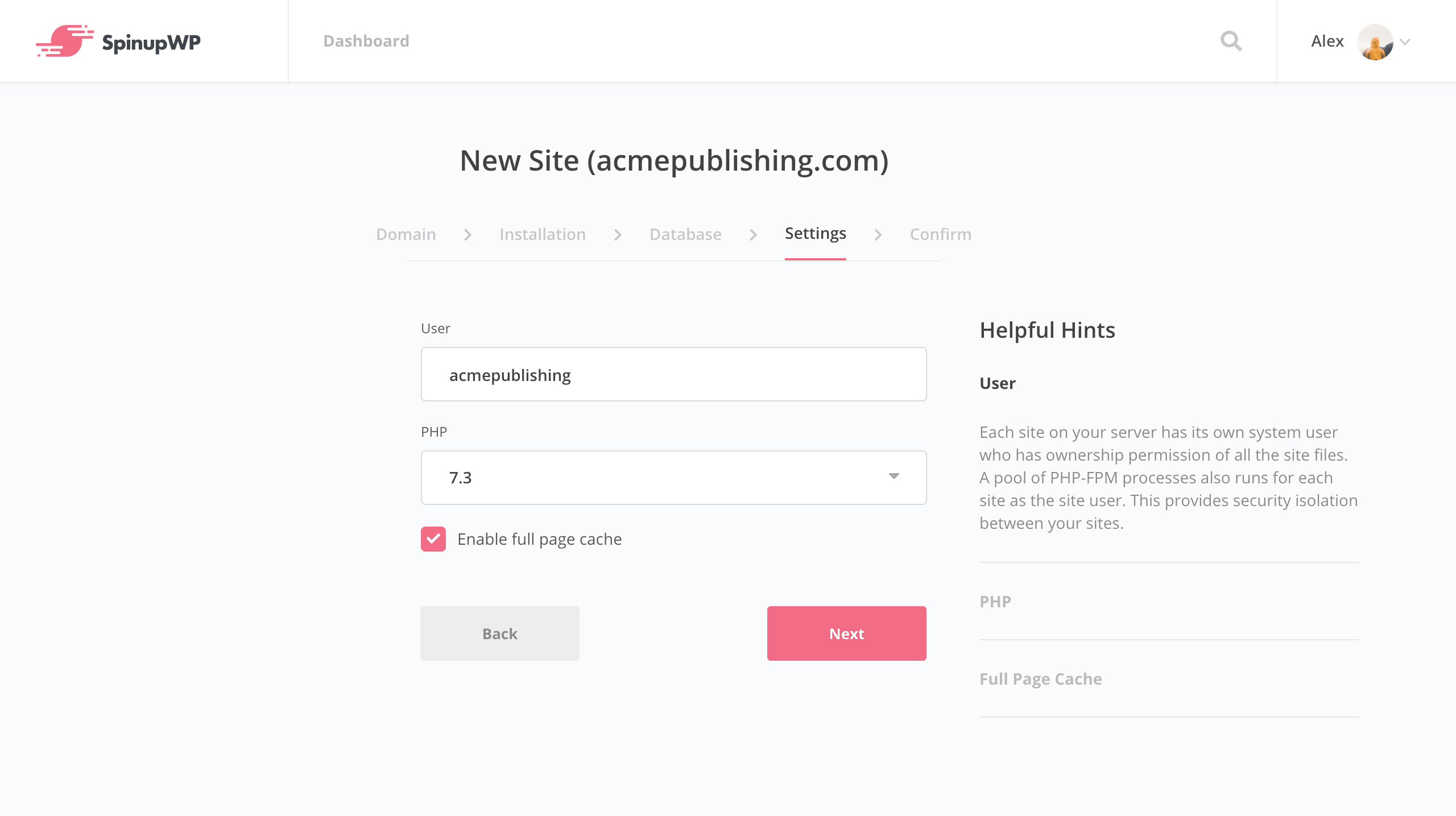 SpinupWP new site settings