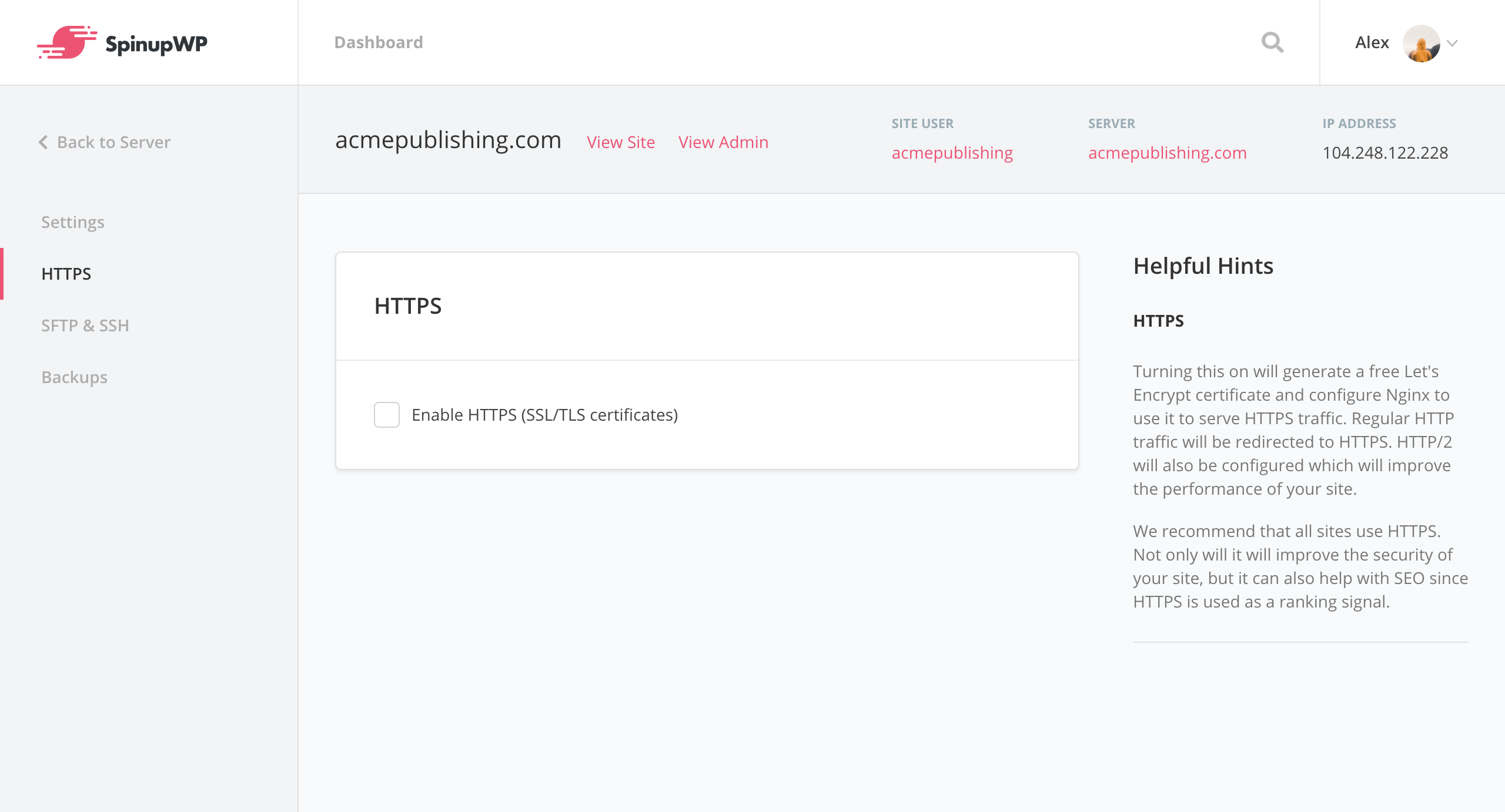 SpinupWP site HTTPS settings