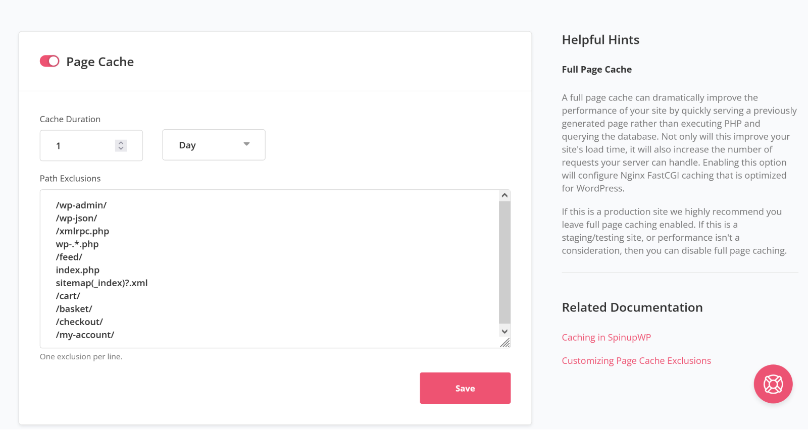 Page caching in SpinupWP showing Helpful Hints.