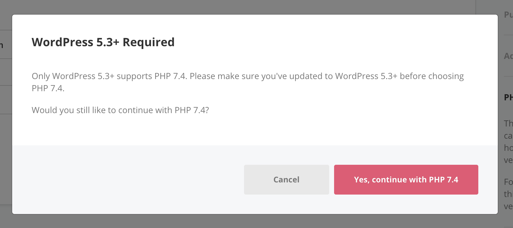 Warning showing WordPress 5.3+ is required