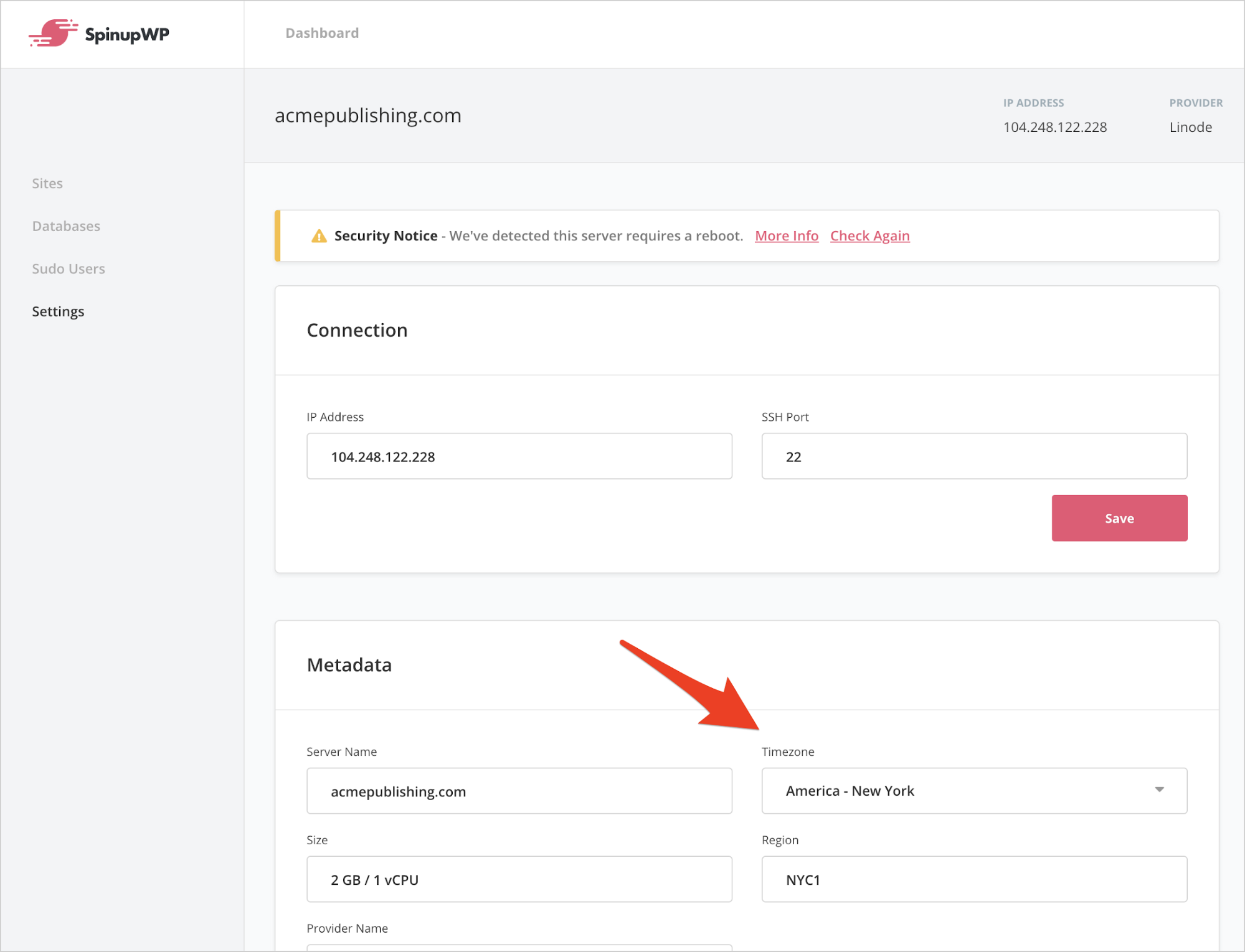 SpinupWP server timezone settings