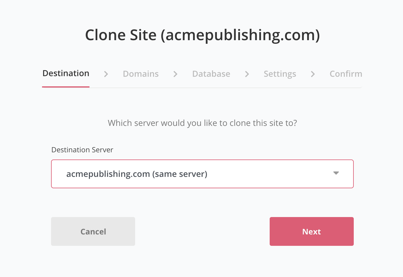 SpinupWP destination server screen