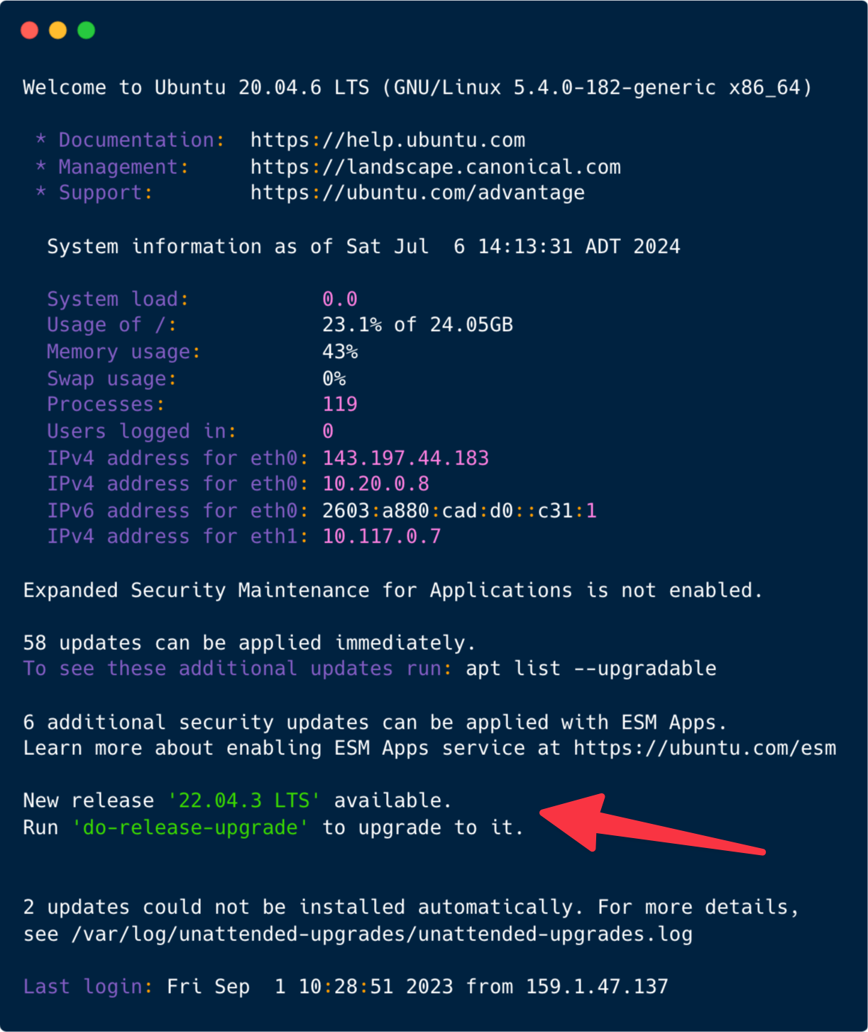 Screenshot of terminal showing Ubuntu welcome message.