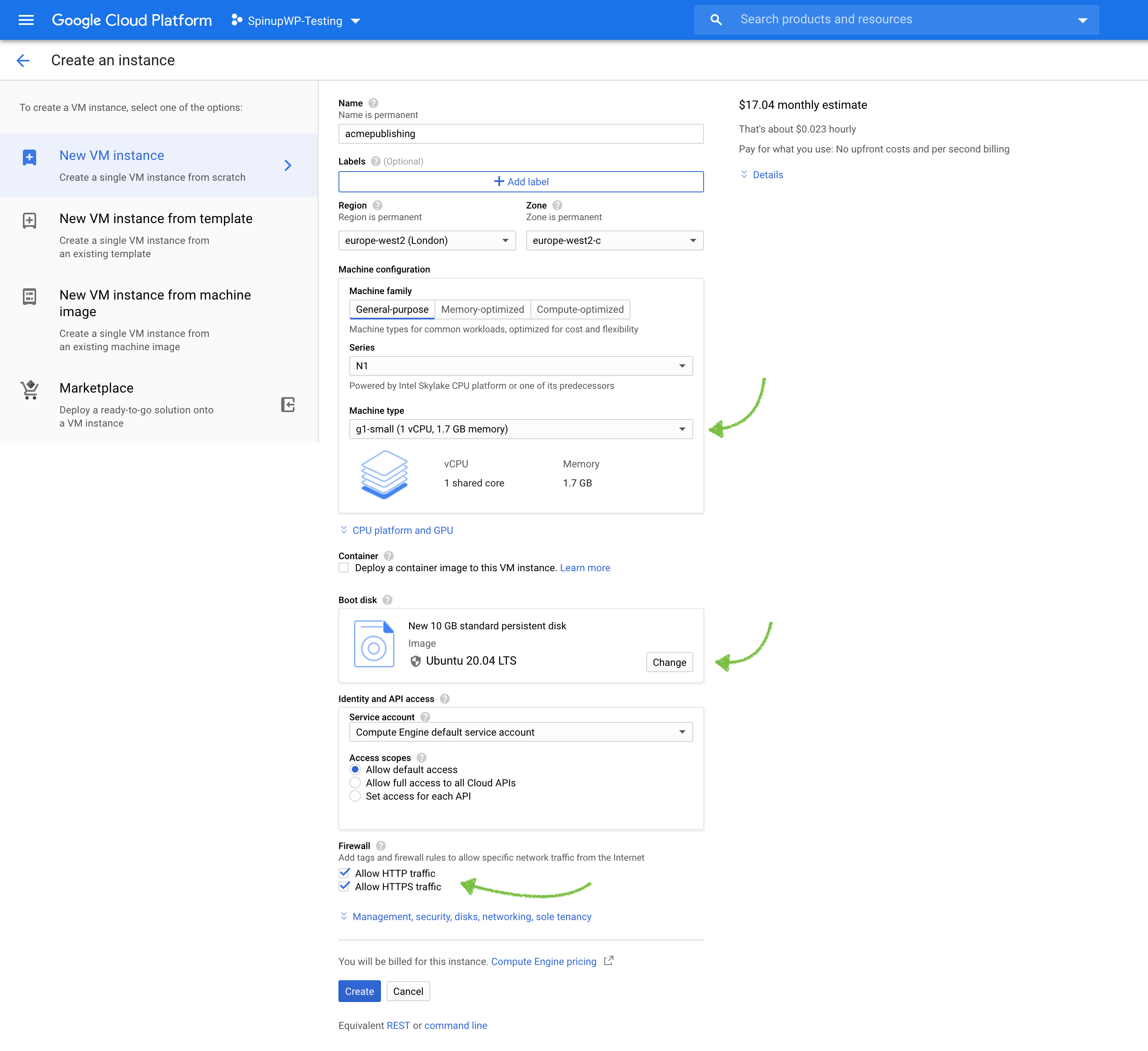 Google Cloud create instance