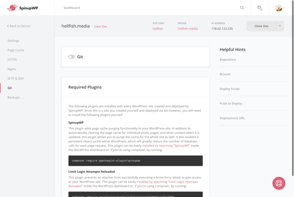 Enable/Disable git on existing sites SpinupWP