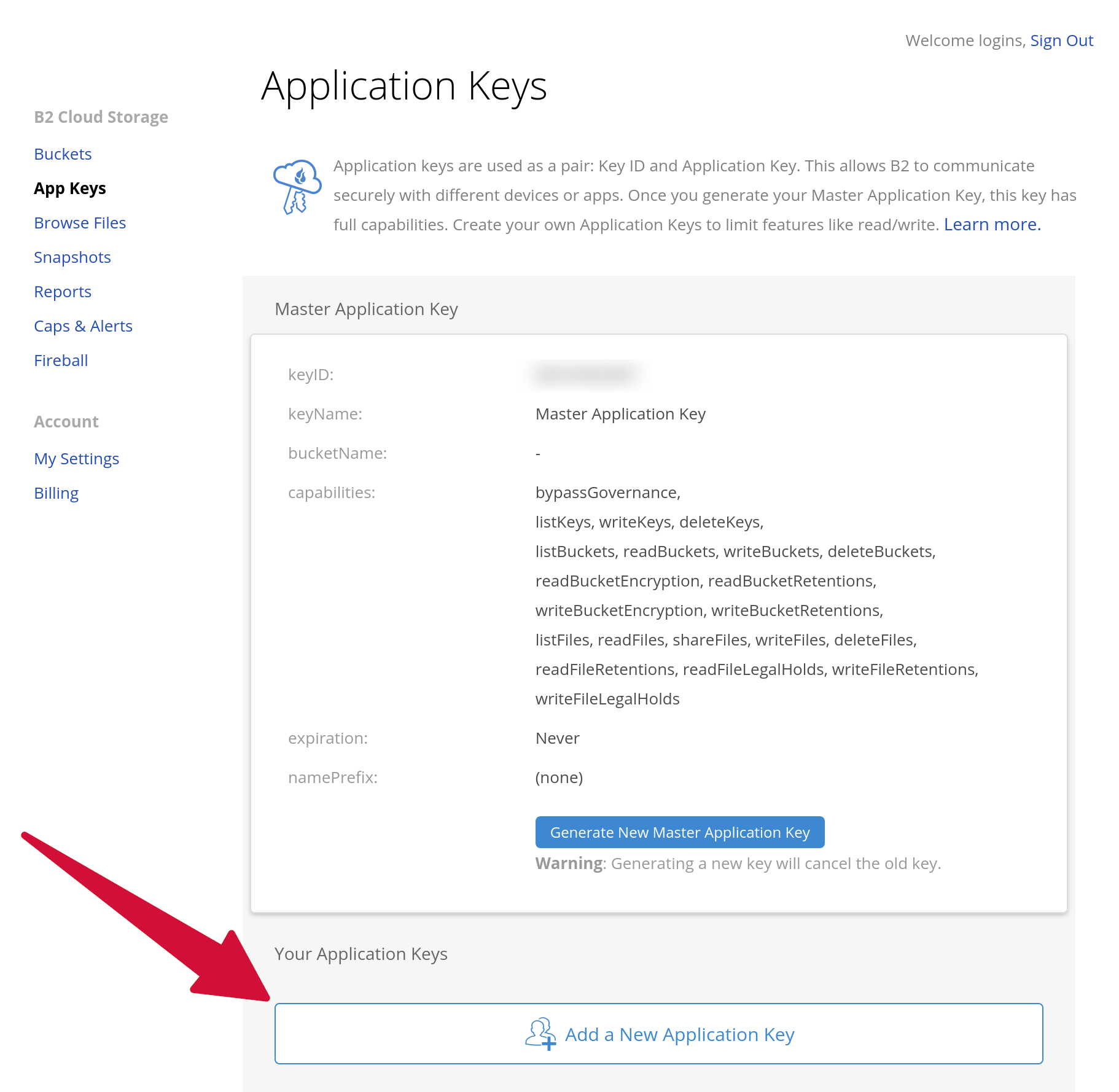 Backblaze Add a New Application Key
