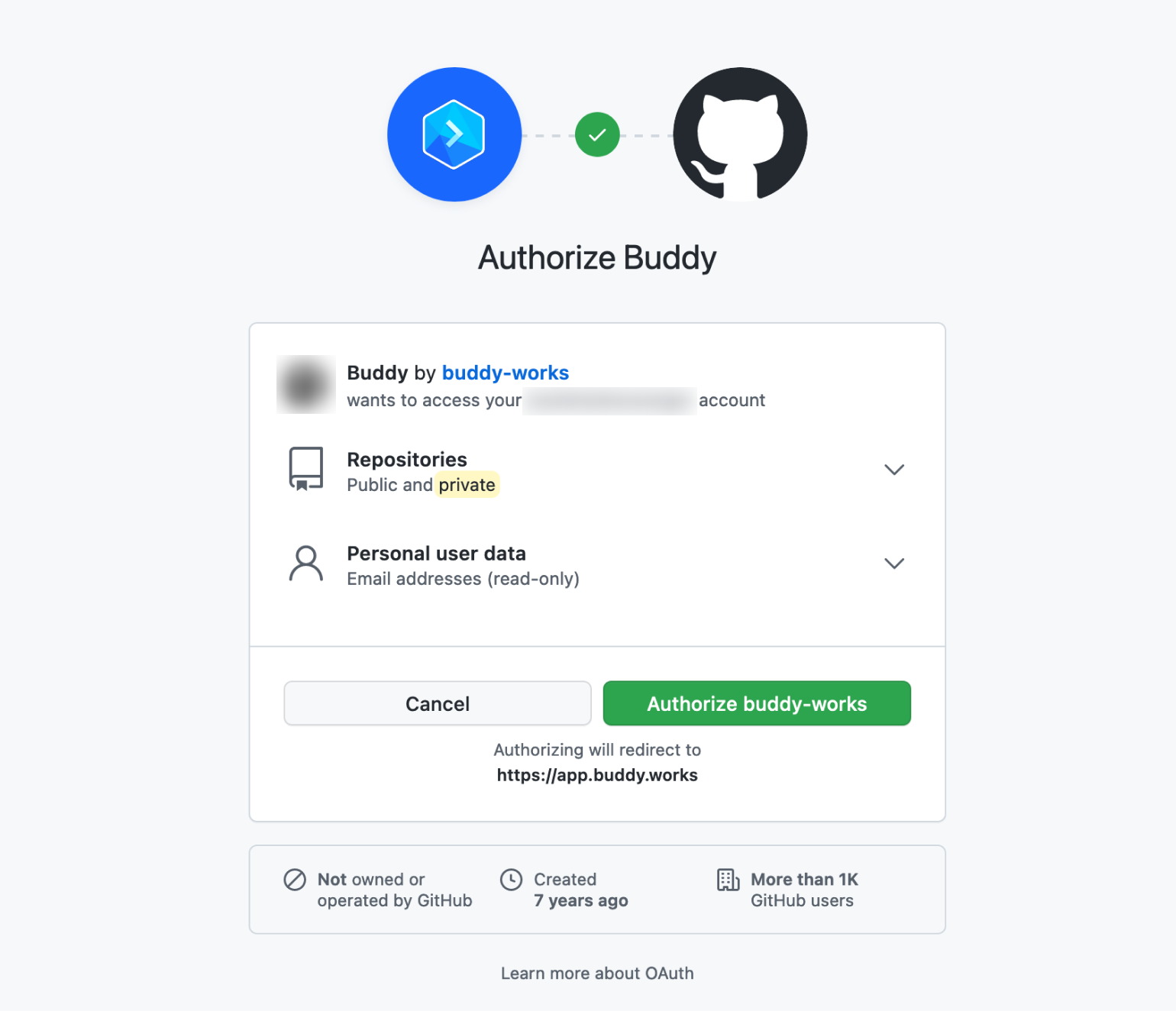 Authorizing a Buddy app with GitHub.