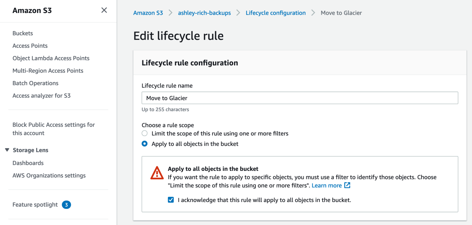 S3 Lifecycle rule scope configuration.