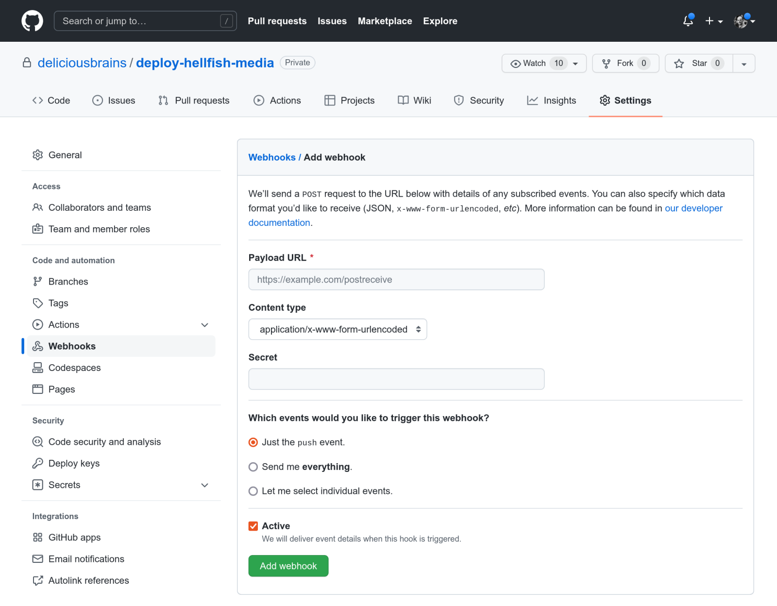 Setting up webhooks in GitHub.