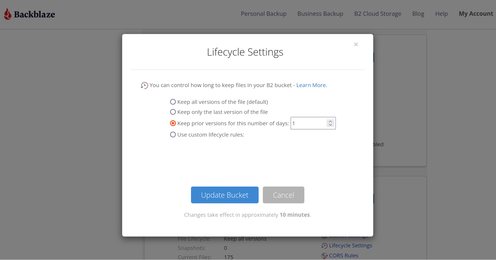 Set Lifecycle Settings to delete after one day.
