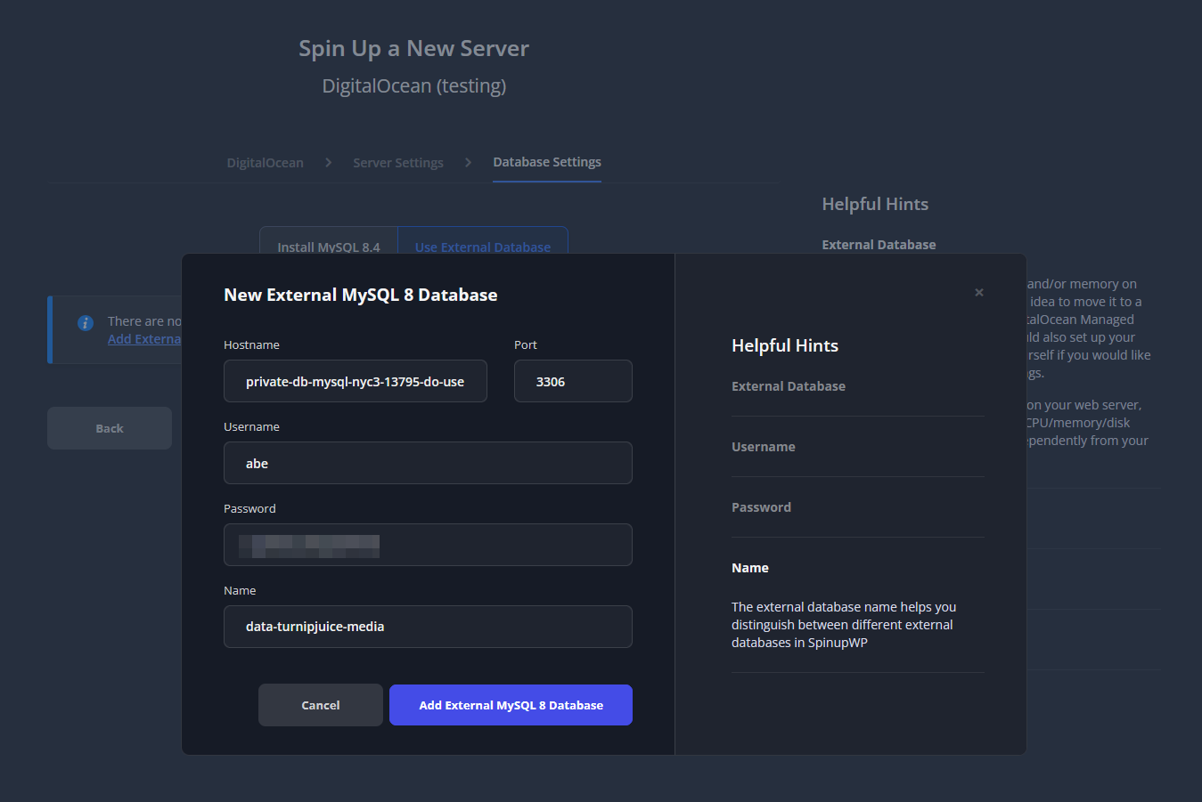 Screenshot displaying the "Add External Database" window.