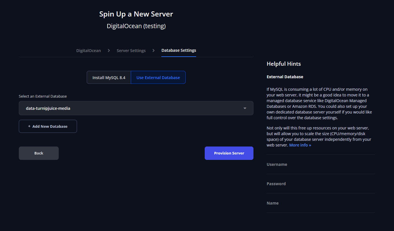 Screenshot displaying the "Select External Database" window with the newly added external database.