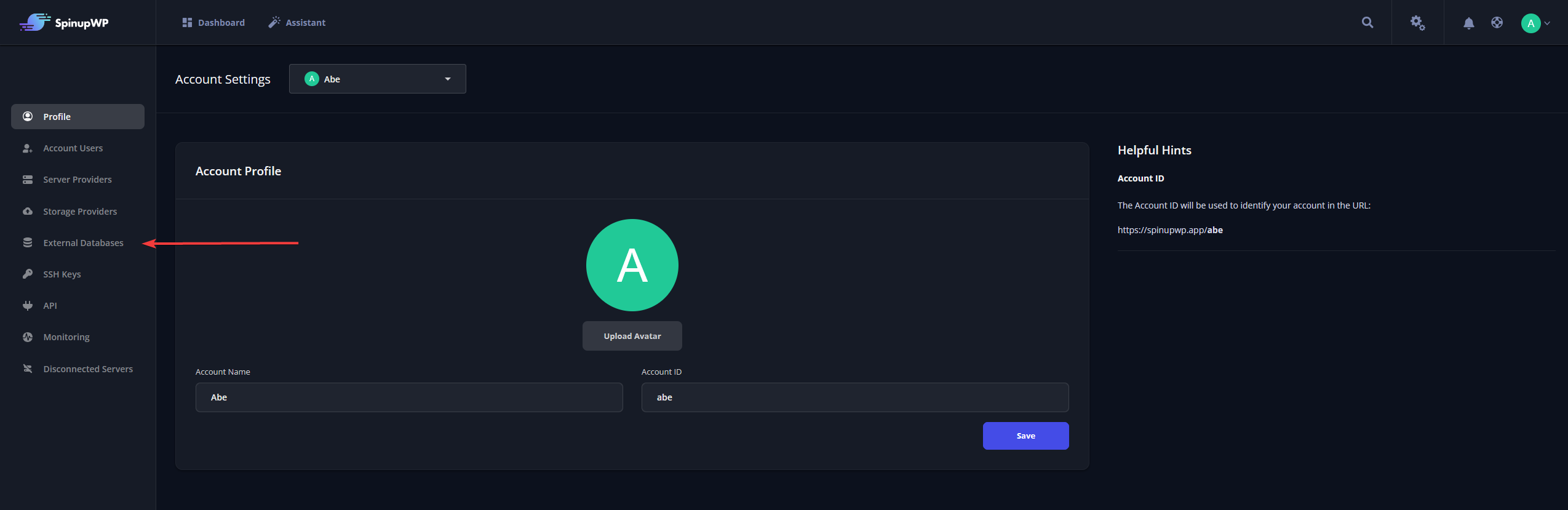 Screenshot displaying the "Profile" window with arrow pointing towards the "External Databases" tab.