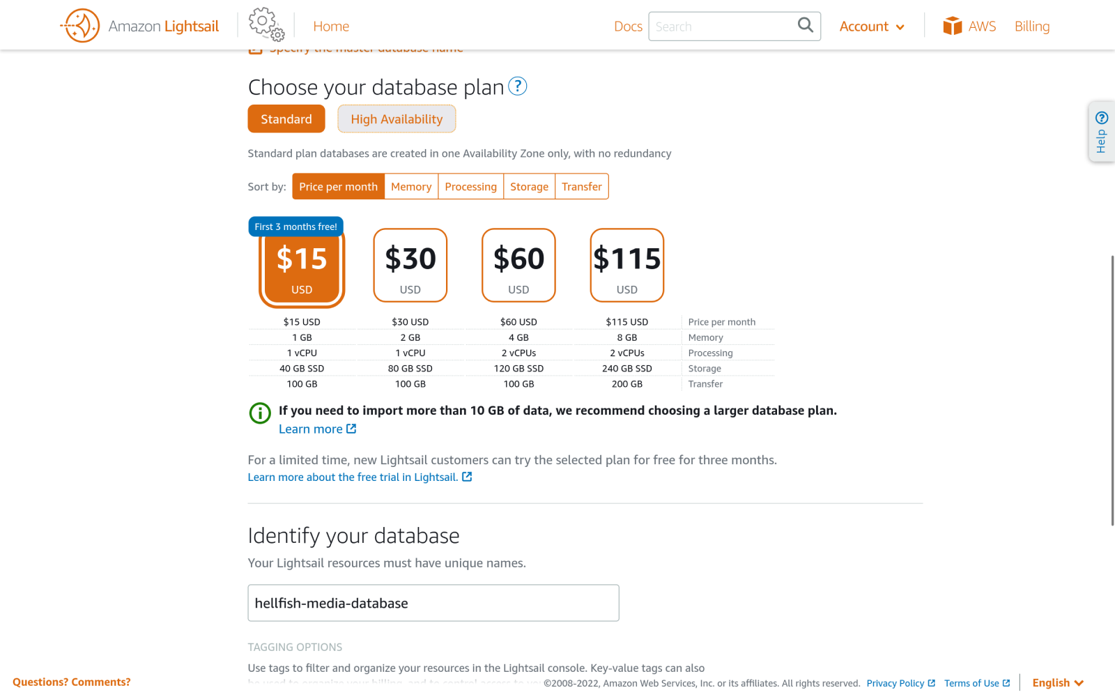 Amazon Lightsail choose database plan.