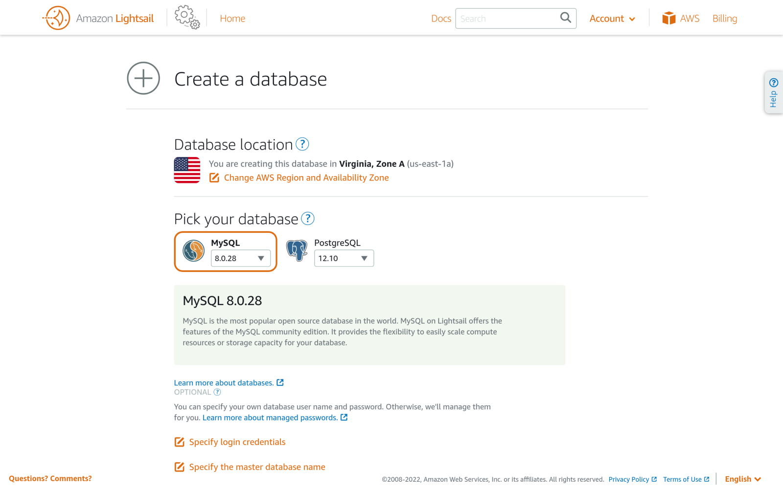 Amazon Lightsail create database.