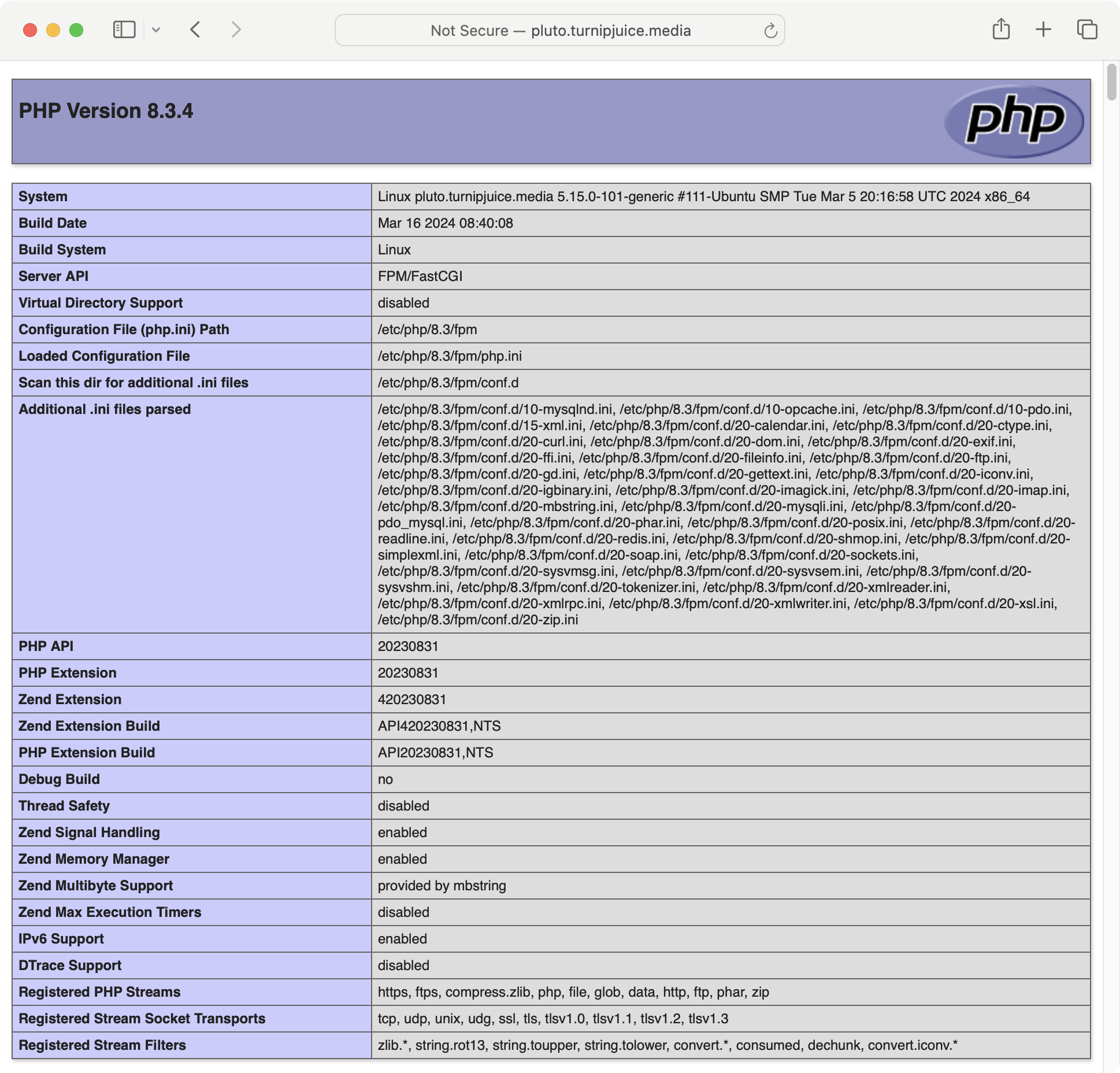 PHP info screen.