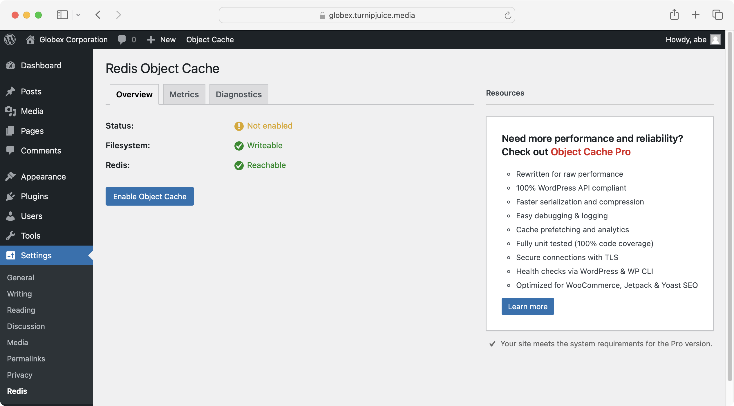 Screenshot of Redis Object Cache plugin settings not yet enabled.
