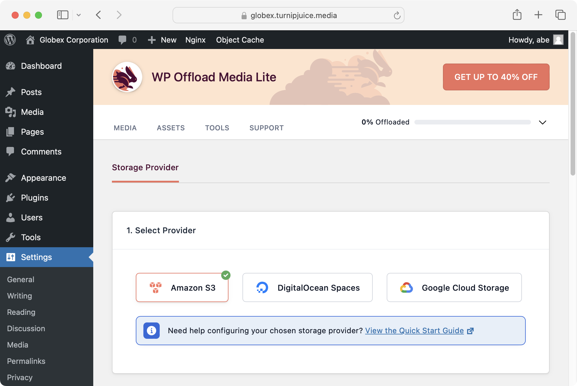 Screenshot of WP Offload Media storage provider settings.