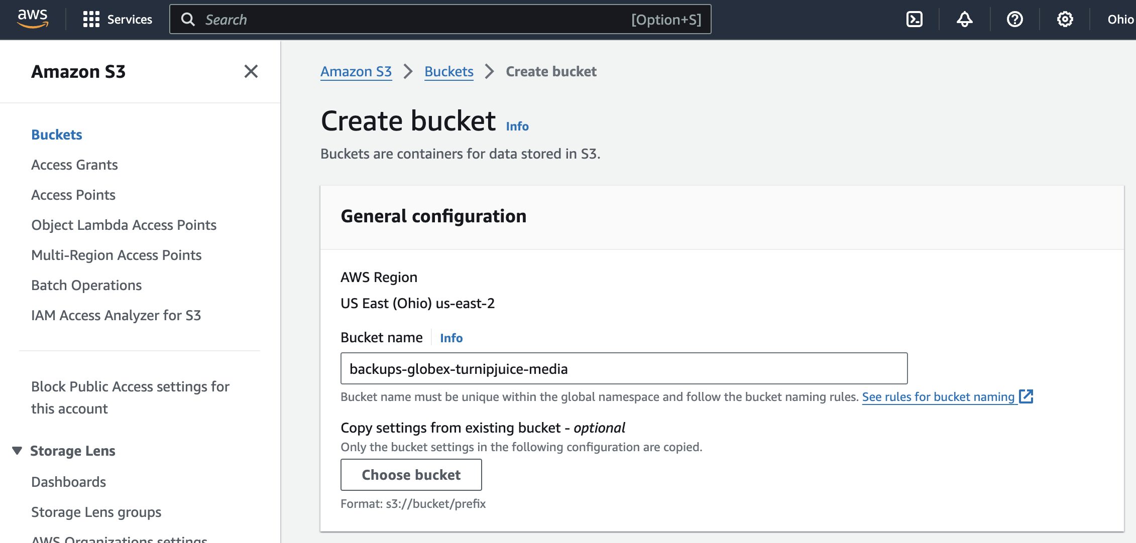 Creating a new Amazon S3 bucket.