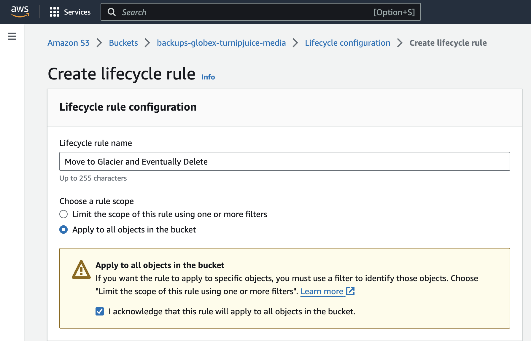 Screenshot of create lifecycle rule in AWS console.