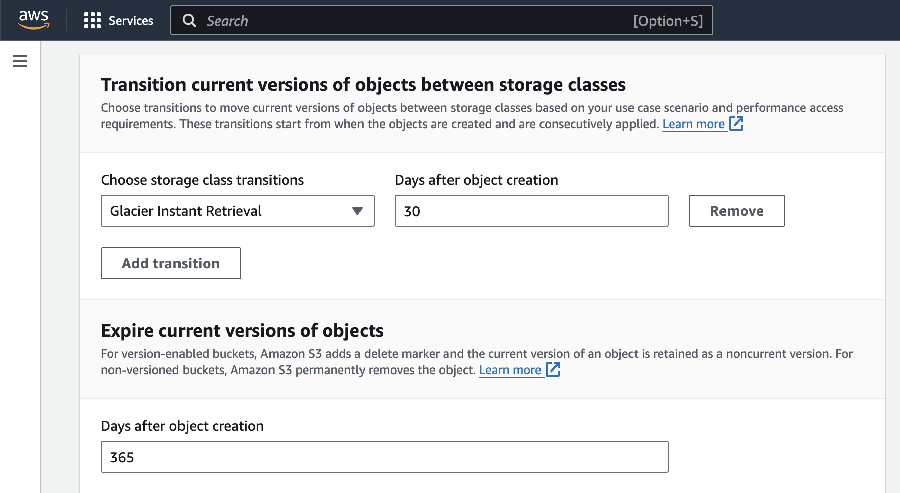 Screenshot of lifecycle transition and expires configuration in AWS console. 