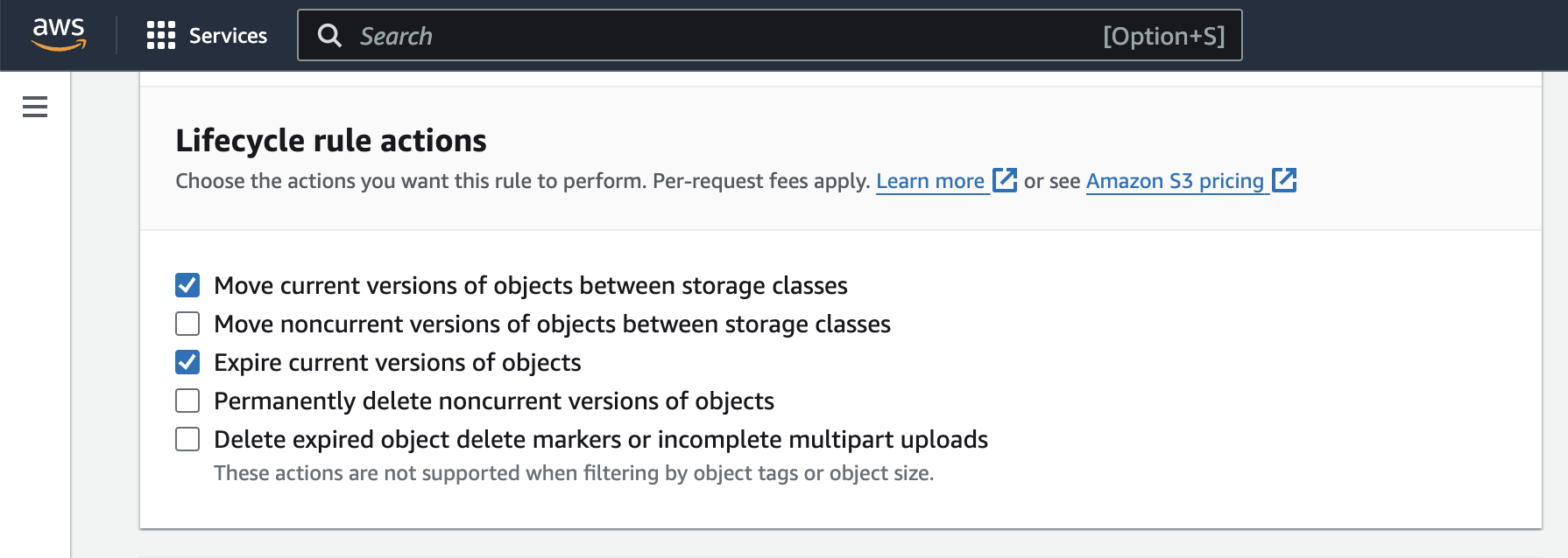 Screenshot of lifecycle rule action in AWS console.