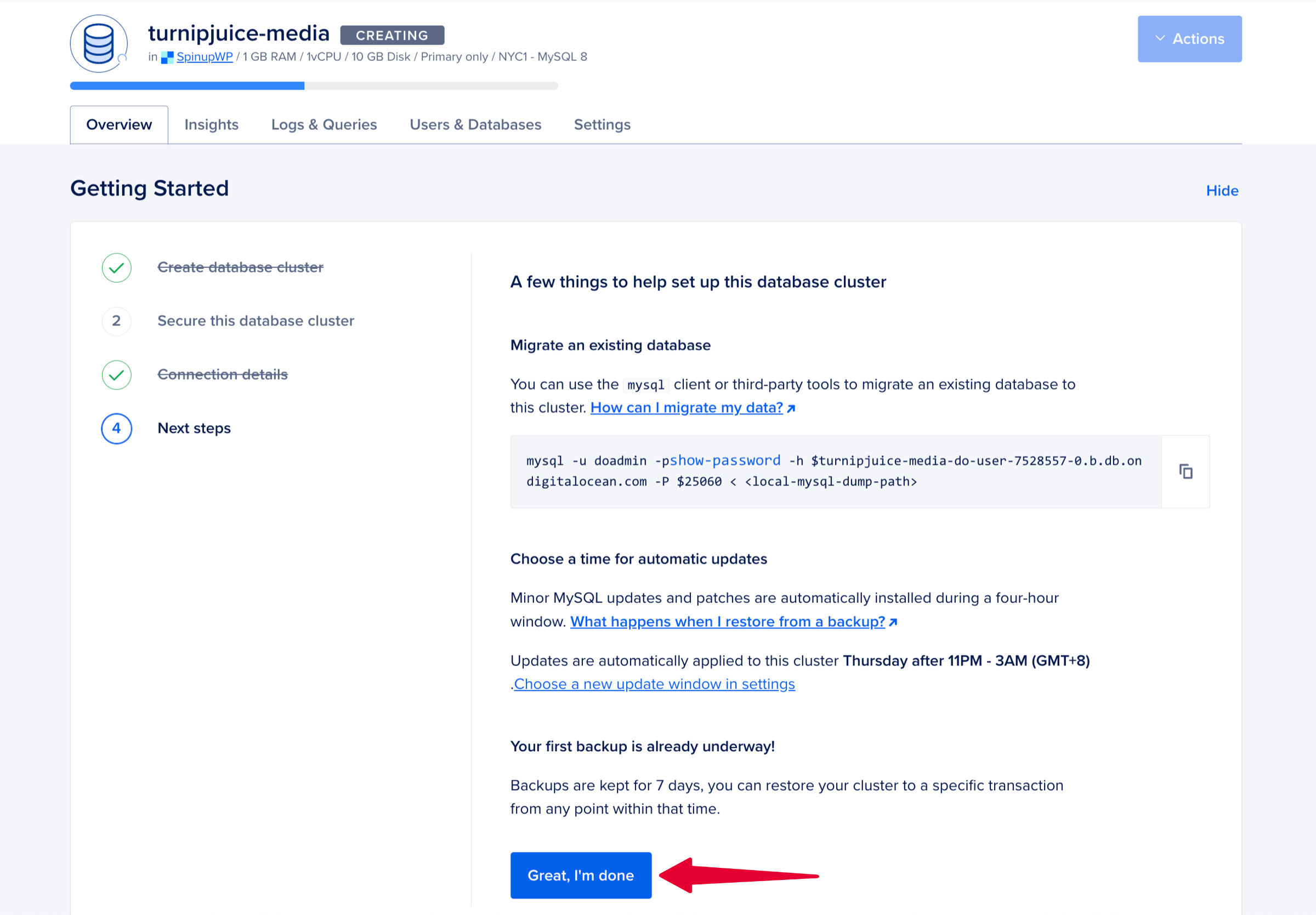 DigitalOcean database cluster next steps.