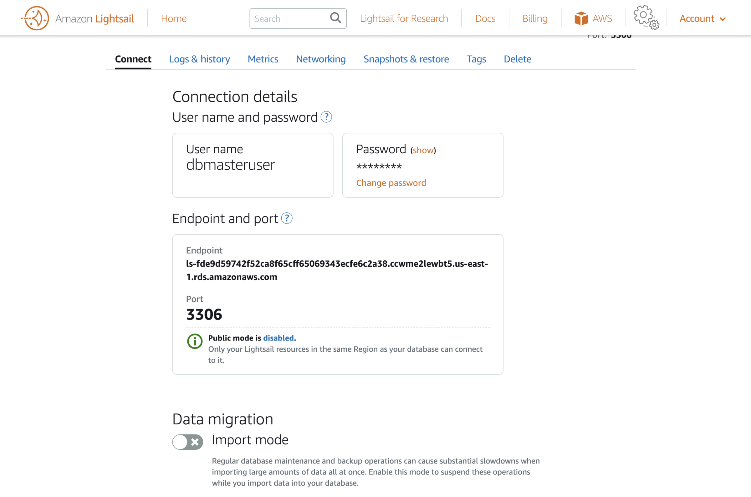 Amazon Lightsail database public mode.