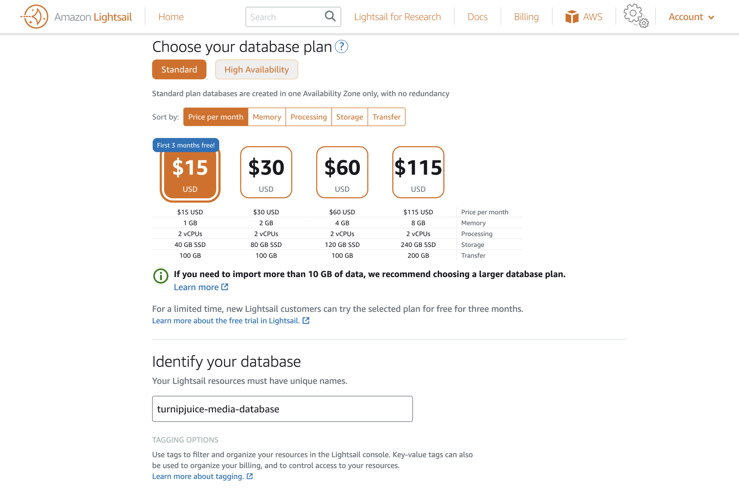Amazon Lightsail choose database plan.