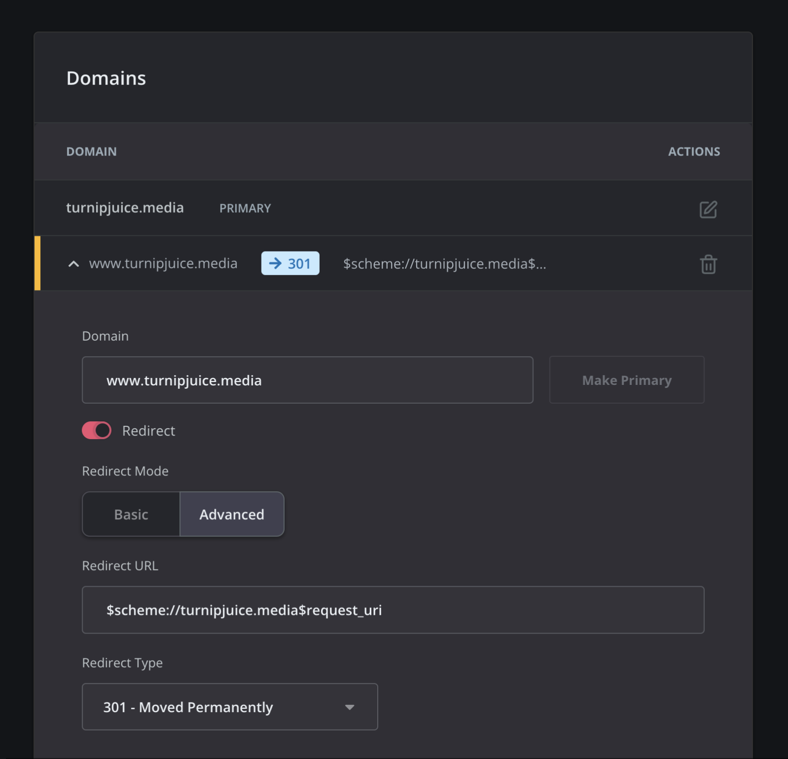 Advanced domain redirects advanced mode