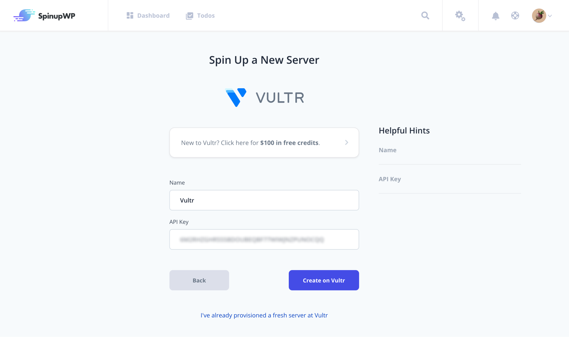 Add API from Vultr into SpinupWP