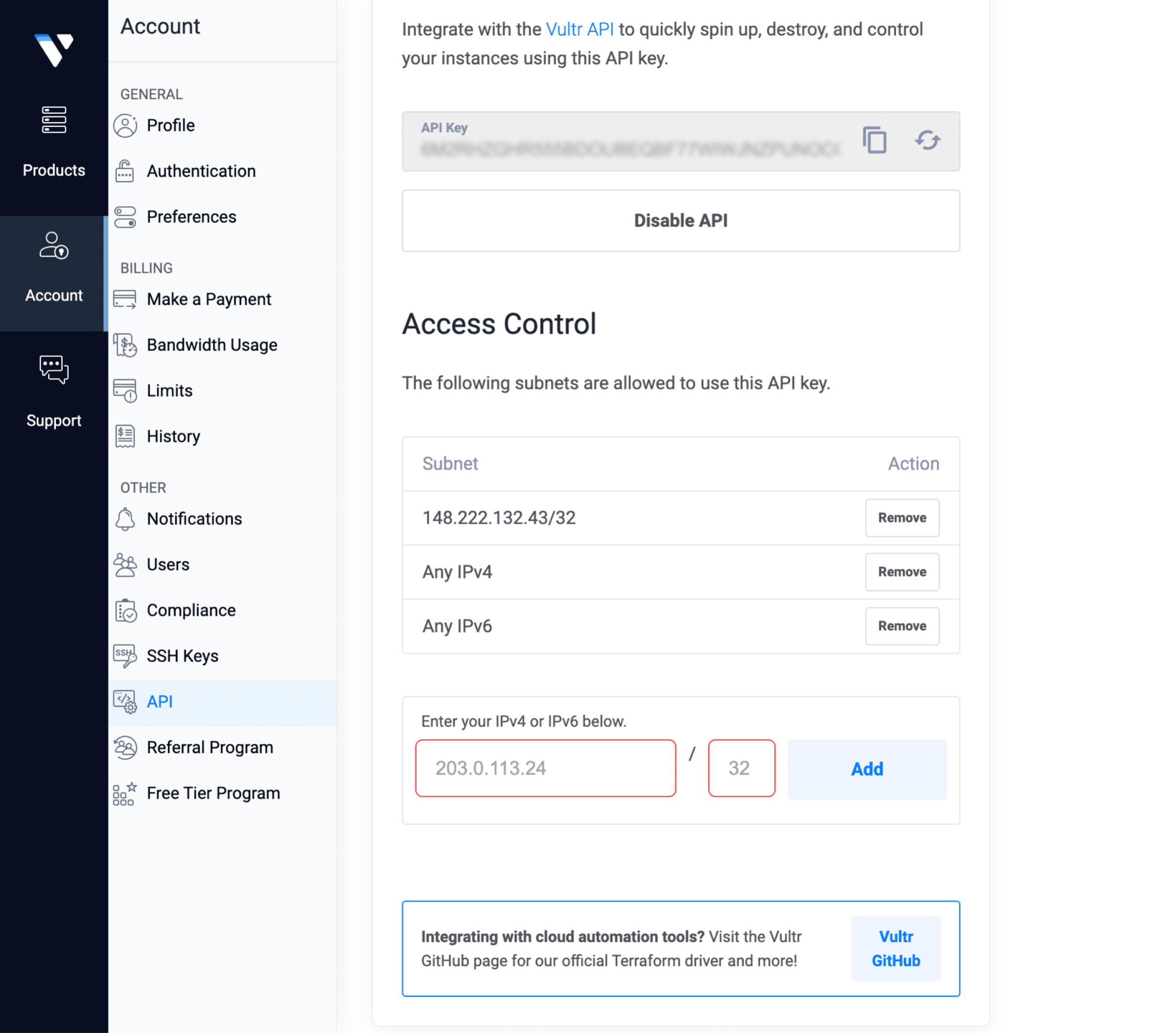 The Vultr Access Controls section