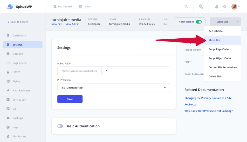 Moving Sites Between SpinupWP Servers - SpinupWP