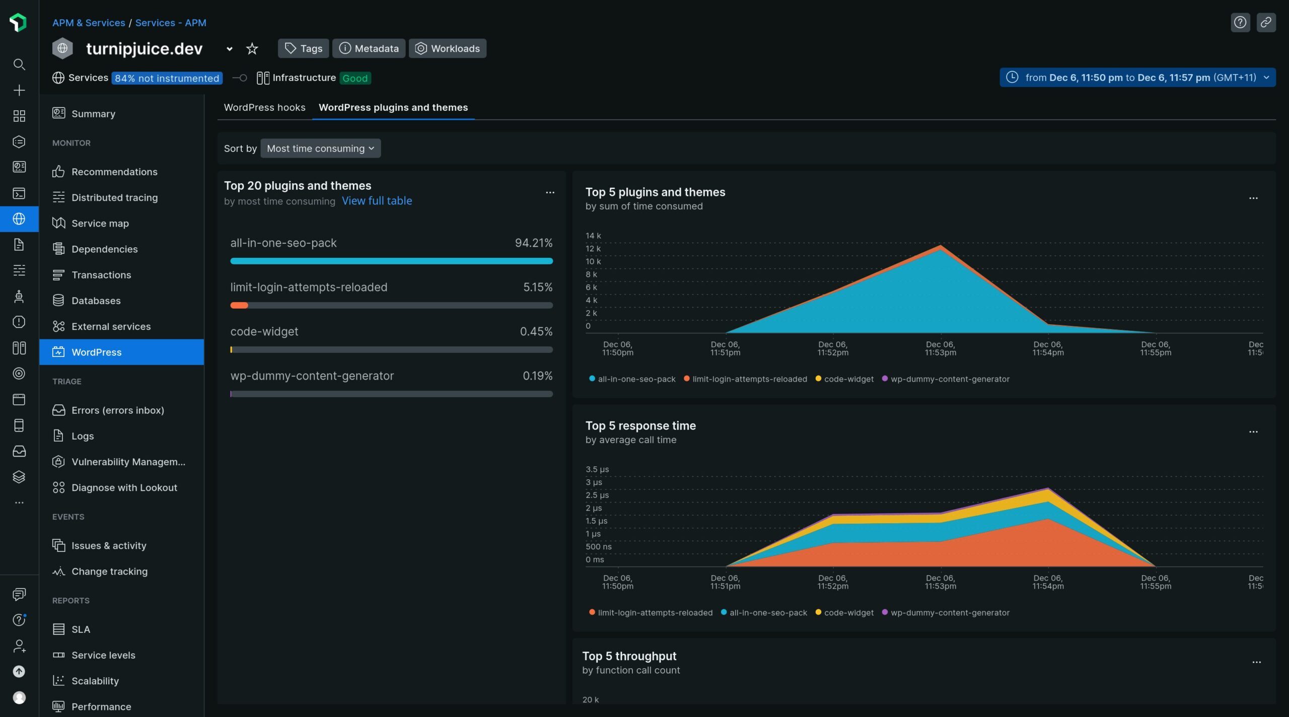 New Relic screen showing how recent plugins and themes are impacting site performance