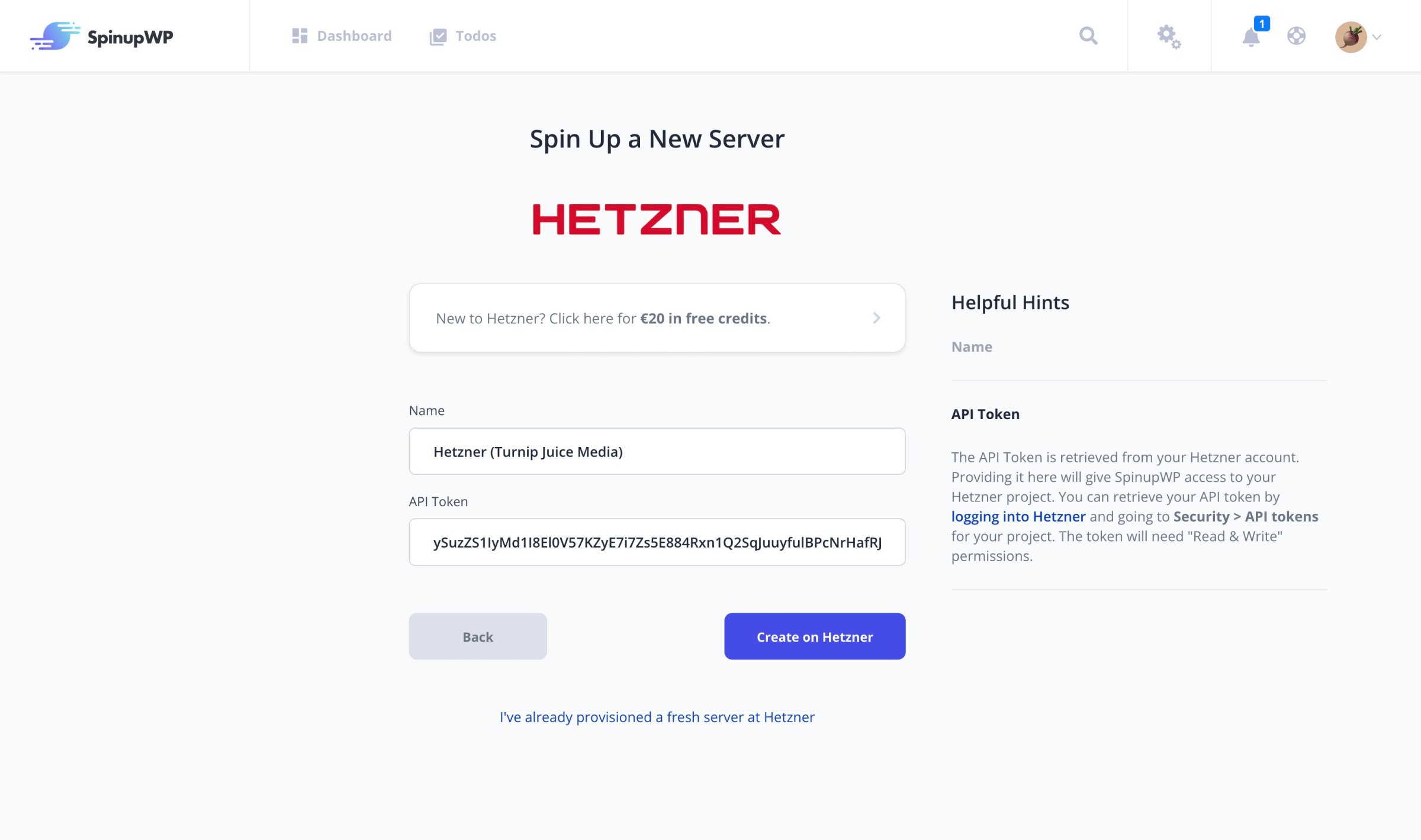 SpinupWP screen showing field where you enter your Hetzner API Token