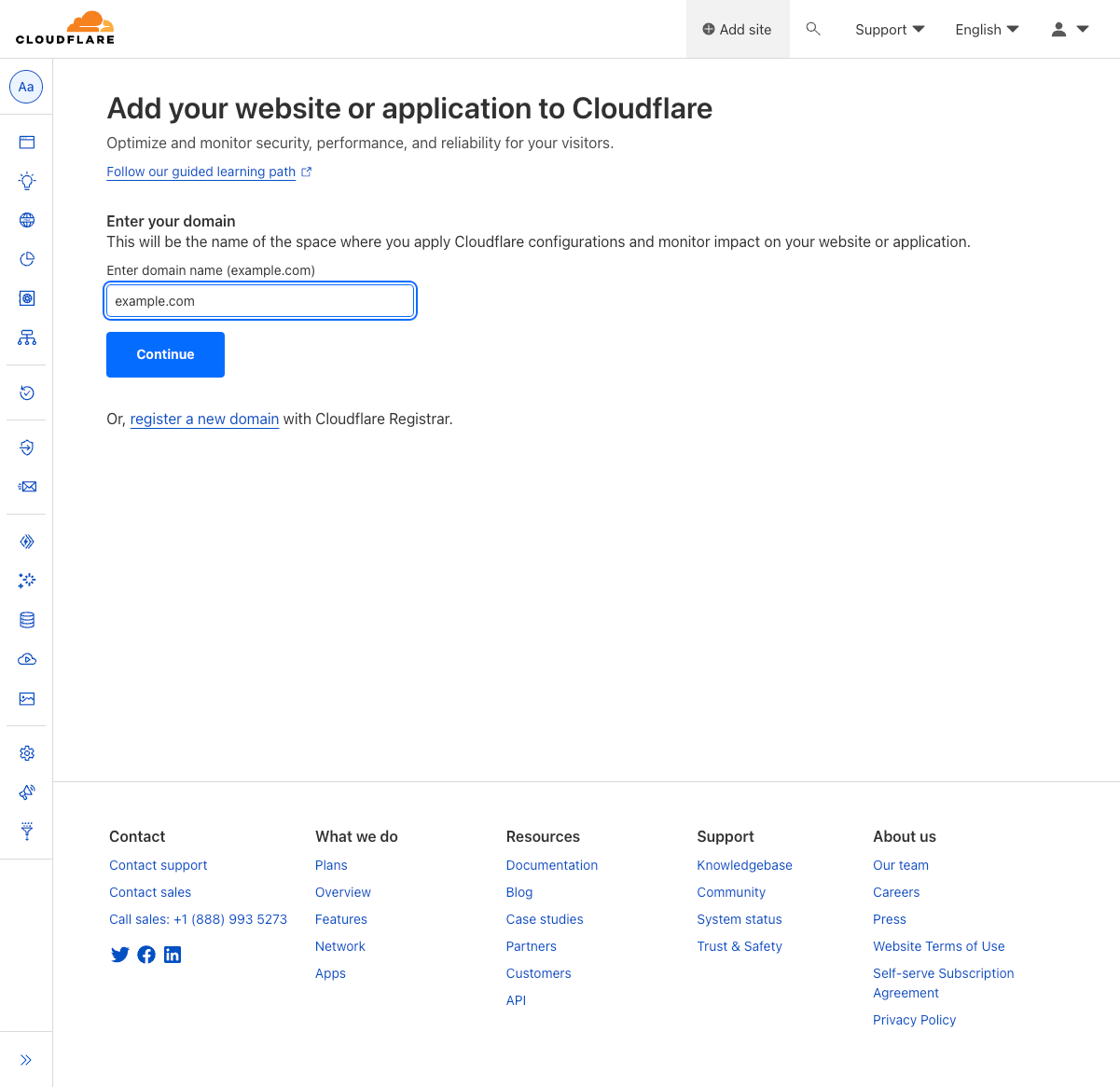 Screenshot of adding a site to Cloudflare in the WordPress Cloudflare plugin setup