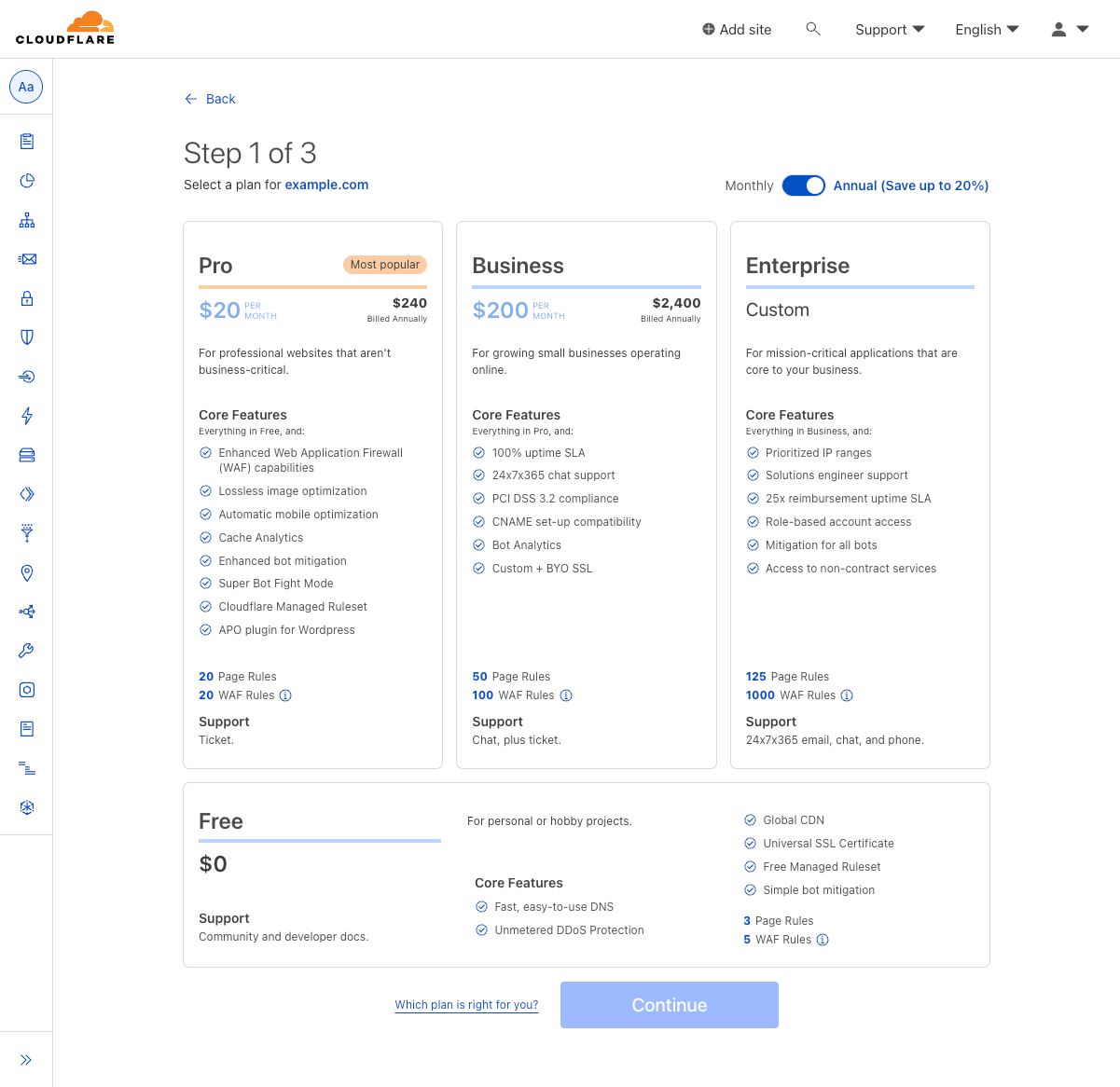 Screenshot of selecting a plan in the WordPress Cloudflare plugin setup process.