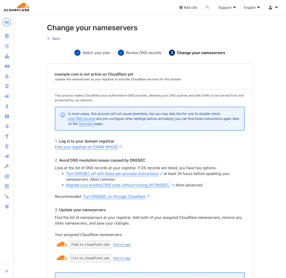 Screenshot of changing nameservers in the WordPress Cloudflare plugin setup