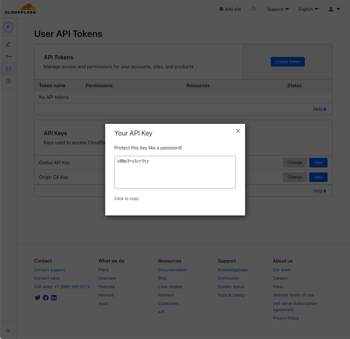 Screenshot of entering the Cloudflare Global API Key in the WordPress Cloudflare plugin settings