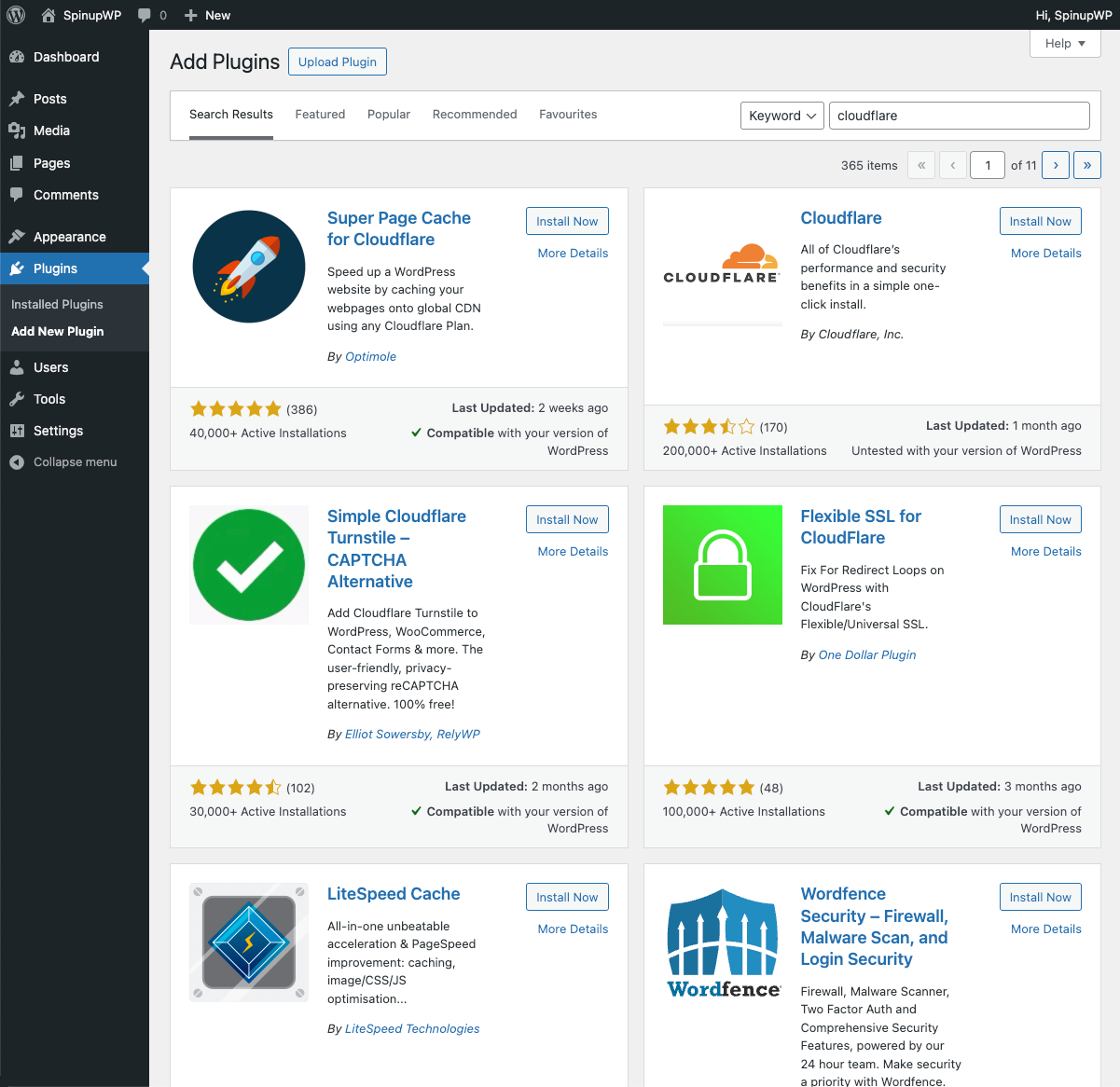 Screenshot of installing the WordPress plugin in the Cloudflare setup process