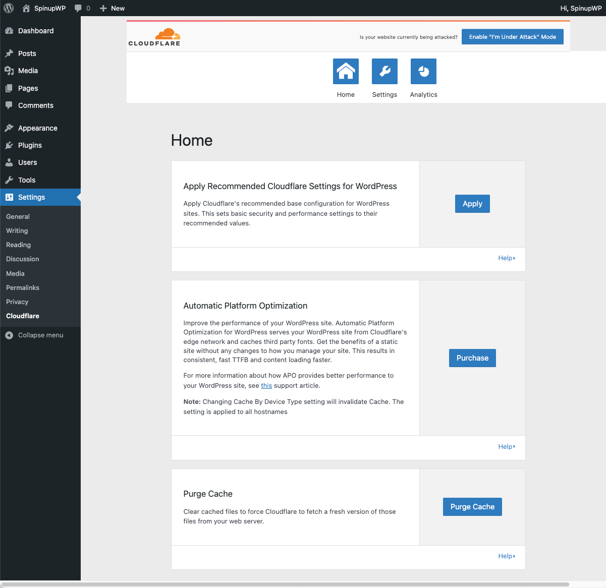Screenshot indicating completion of Cloudflare setup within the WordPress plugin