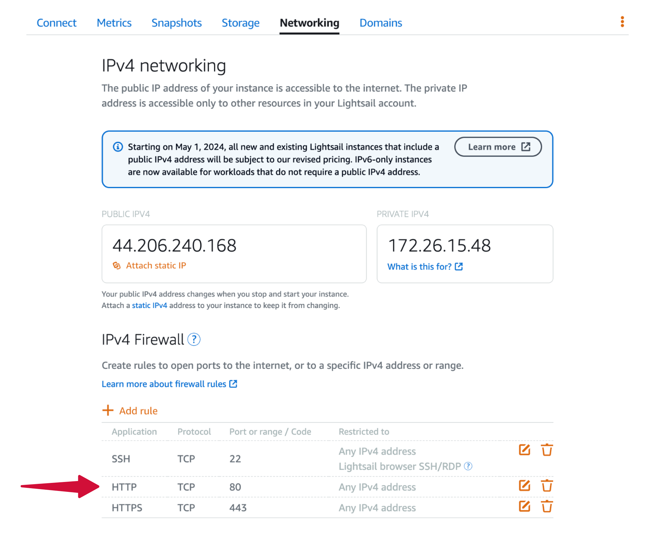 Lightsail network settings