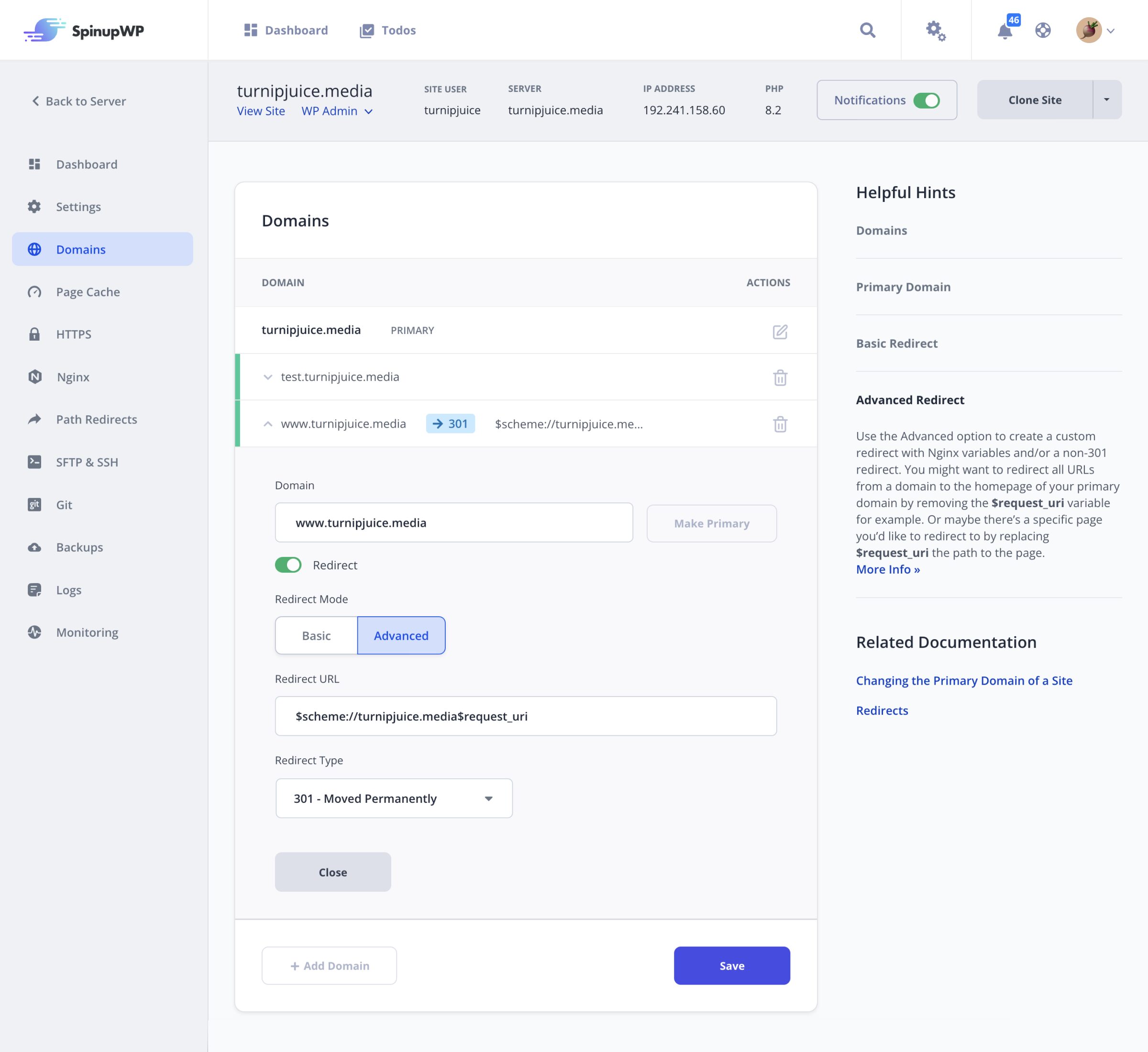 managing a site's domains and subdomains