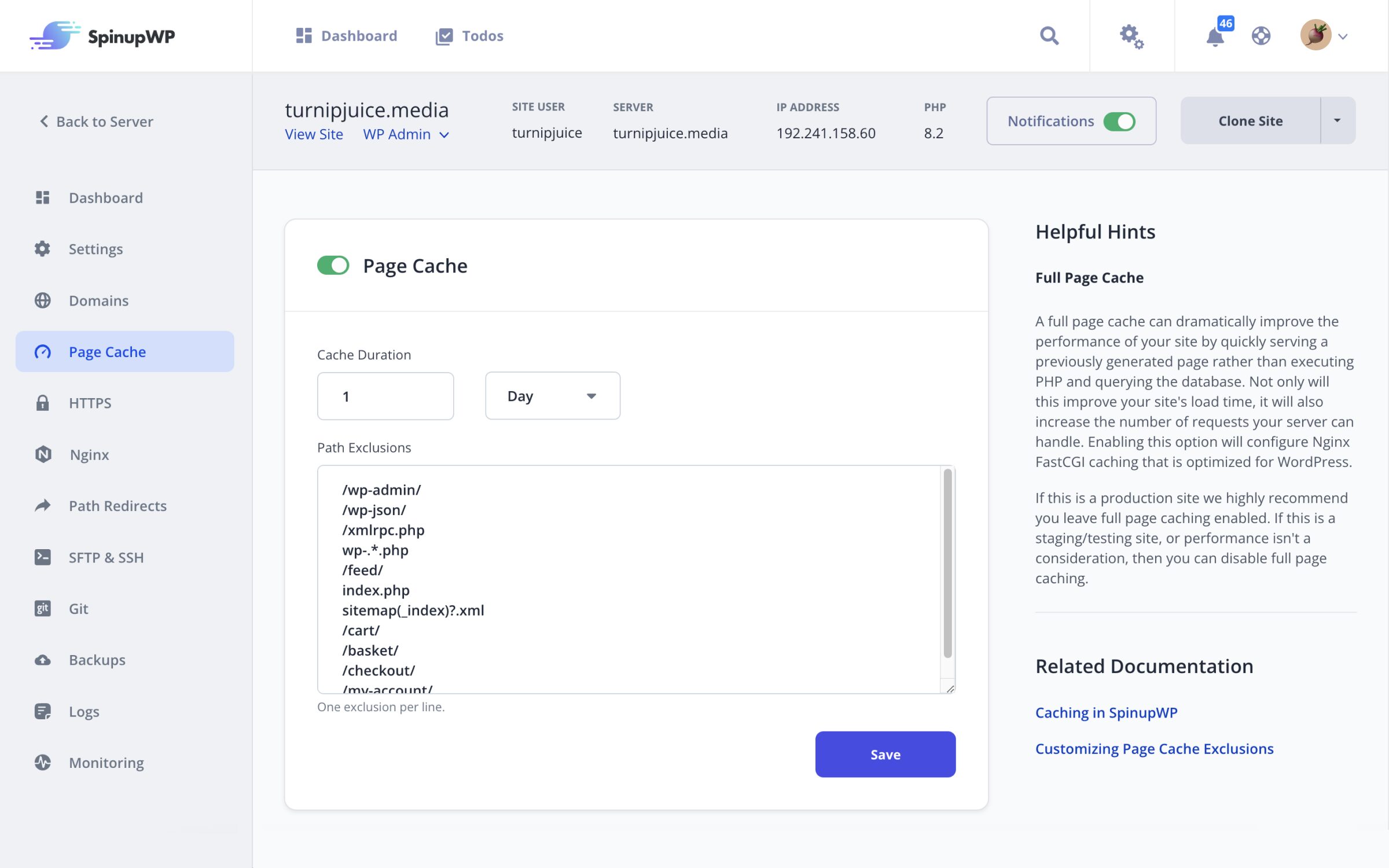 editing a site's page cache settings