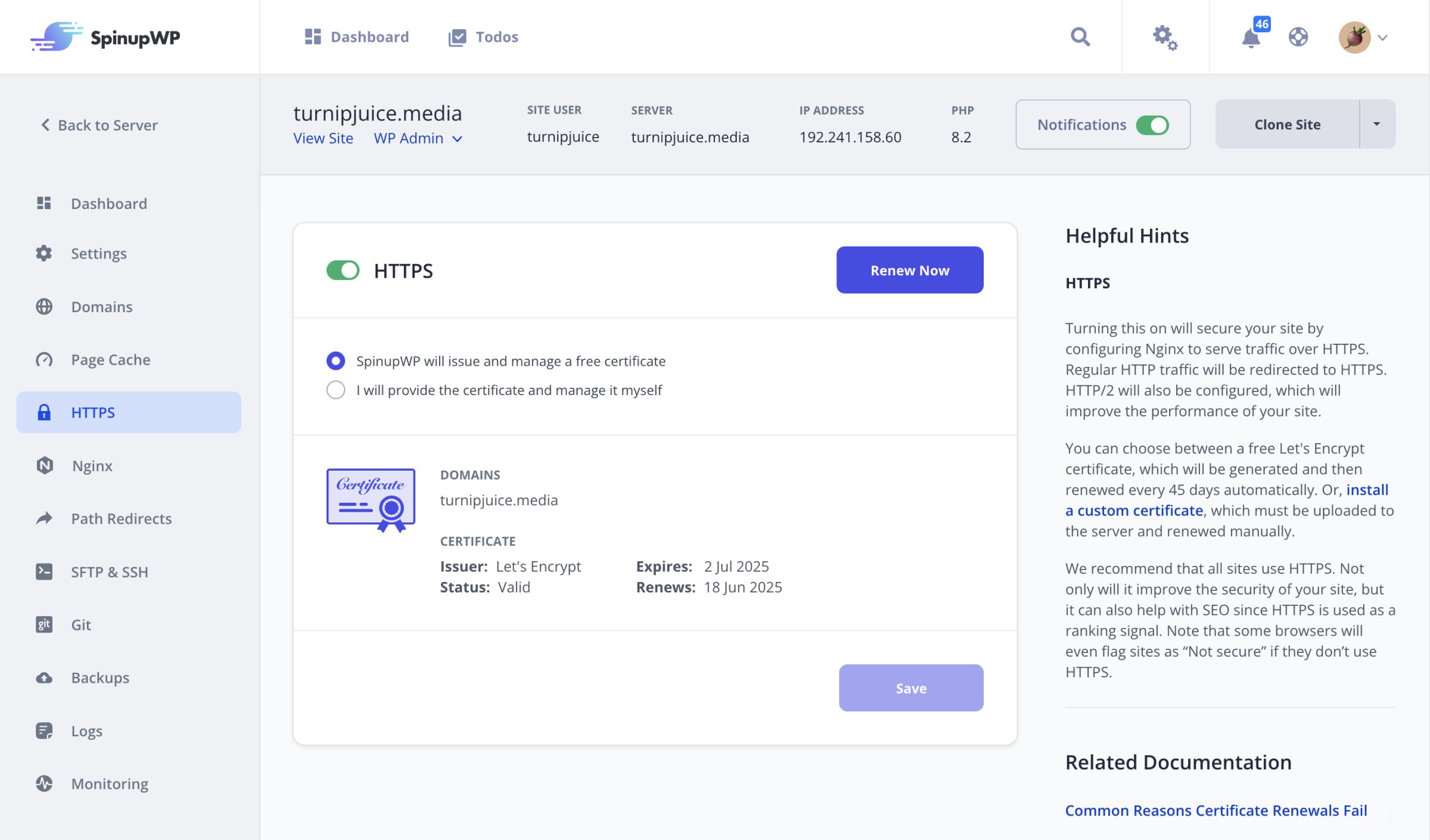 Managing a site's SSL certificate