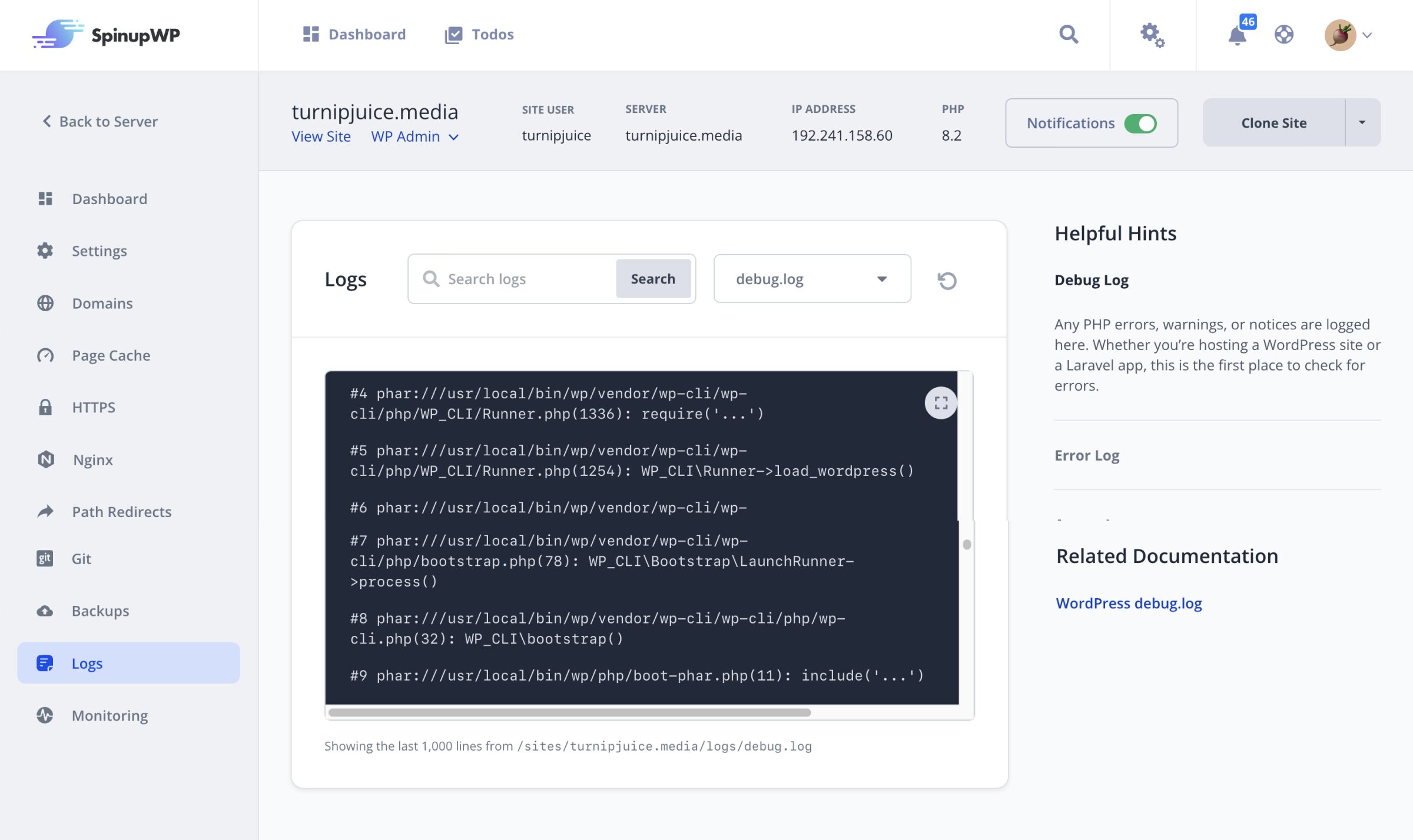 reading access, error, and debug logs for a site